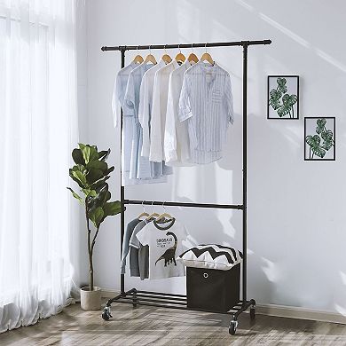 Double Hanging Rod Metal Clothing Rack, Industrial Style Clothes Garment Rack on Wheels