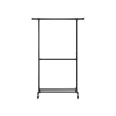 Double Hanging Rod Metal Clothing Rack, Industrial Style Clothes Garment Rack on Wheels