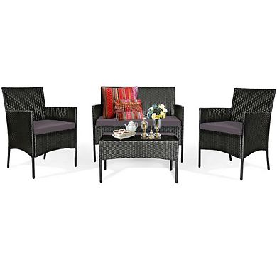 4 Pieces Patio Rattan Cushioned Sofa Furniture Set with Tempered Glass Coffee Table