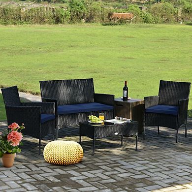 4 Pieces Patio Rattan Cushioned Sofa Furniture Set with Tempered Glass Coffee Table