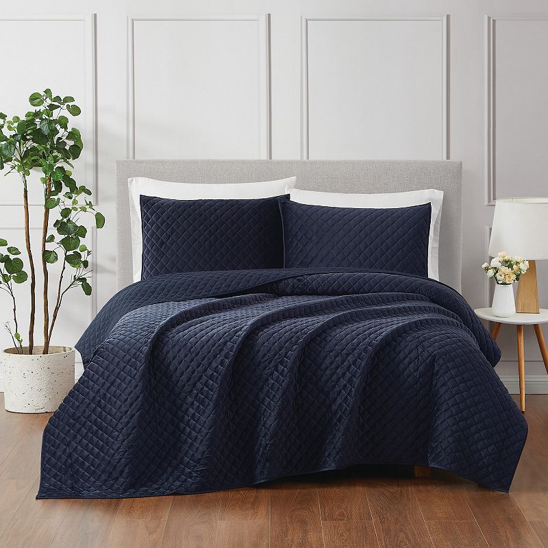 Royal Velvet Diamond Velvet Quilt Set with Shams, Blue