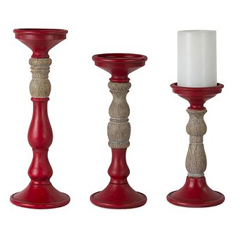 Red Candle Holder With Wood Accent (set Of 3)
