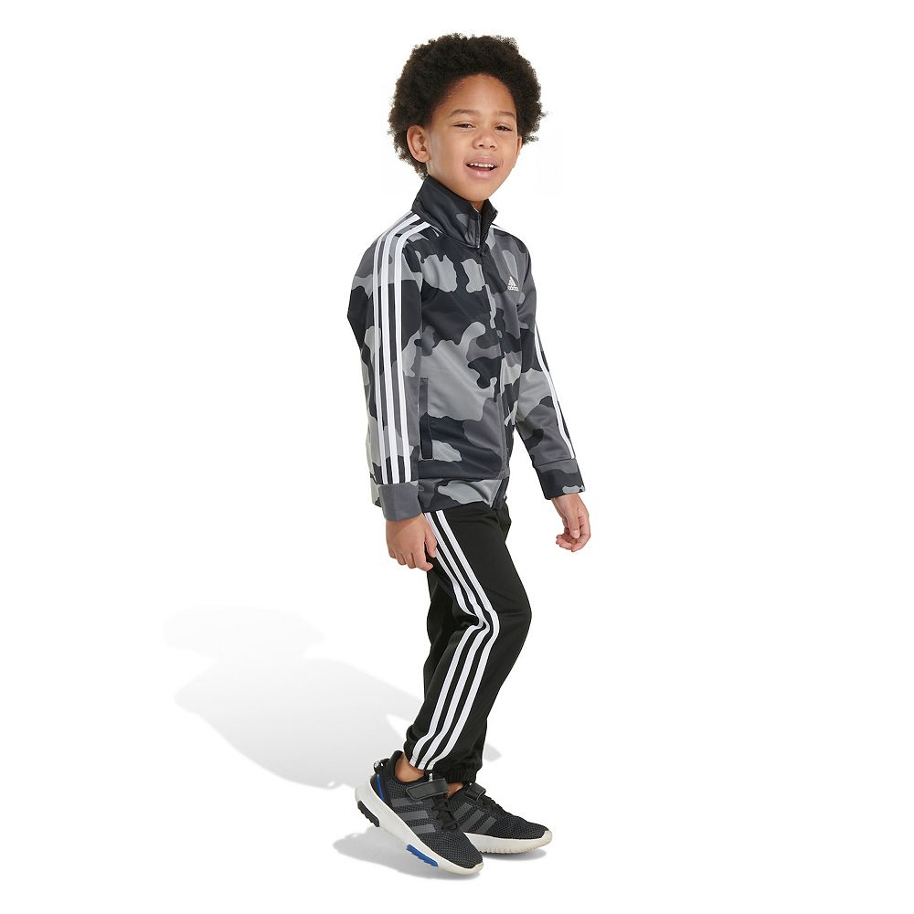 Adidas Boys 4 7 2 Piece Camo Printed 3 Stripe Tricot Jacket Set Black 6