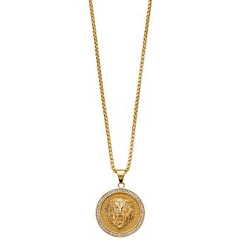 DESTINY FOR MEN Men's Gold Tone Ion-Plated Stainless Steel Crystal Lion Head Medallion Pendant Necklace