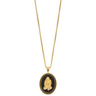 DESTINY FOR MEN Men's Gold Tone Ion-Plated Stainless Steel Black Agate & Crystal Praying Hand Pendant Necklace