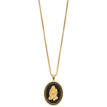 DESTINY FOR MEN Men's Gold Tone Ion-Plated Stainless Steel Black Agate & Crystal Praying Hand Pendant Necklace