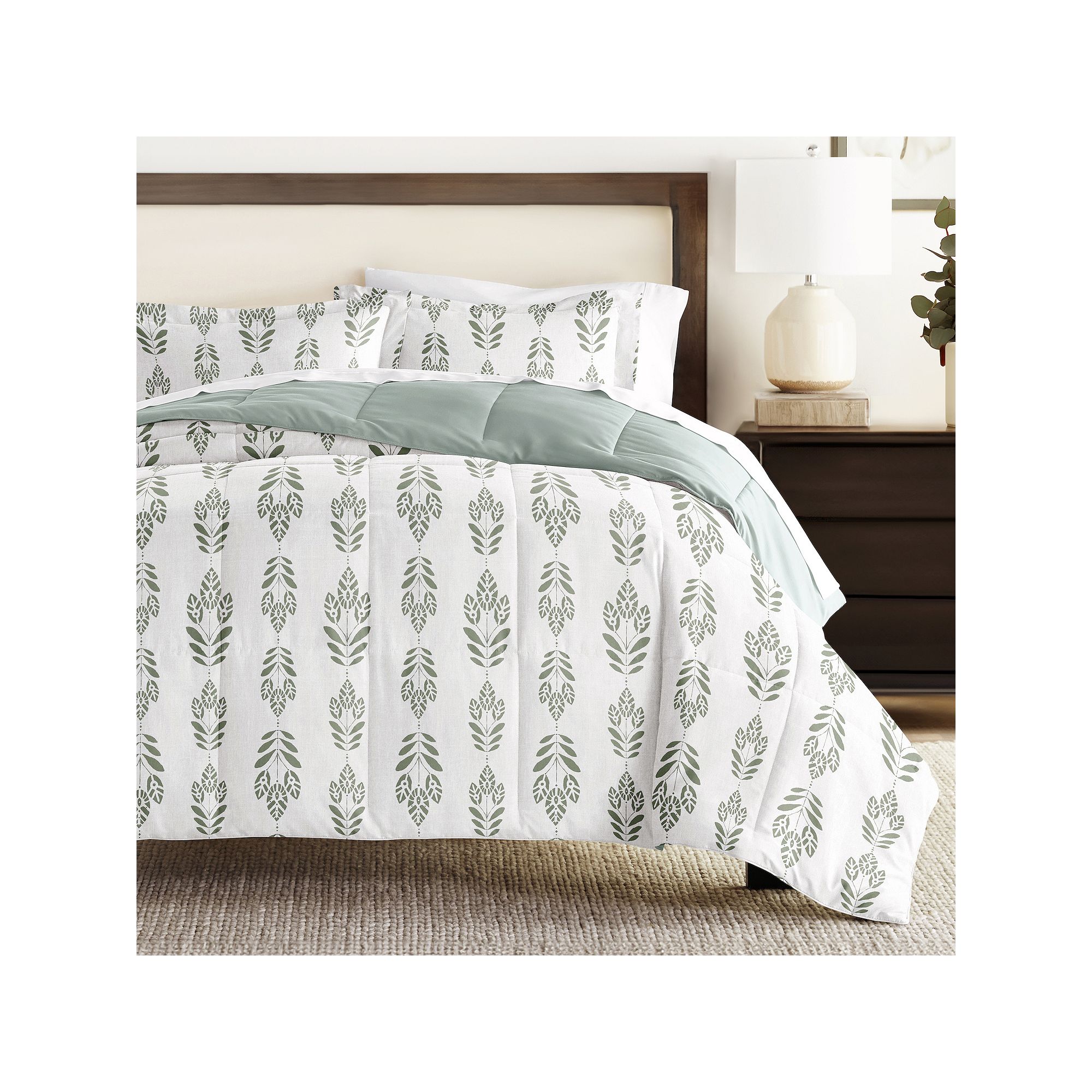 Home Collection Folk Leaves All Season Reversible Comforter Set, Green