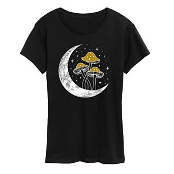 Women's Crescent Moon With Mushrooms Graphic Tee