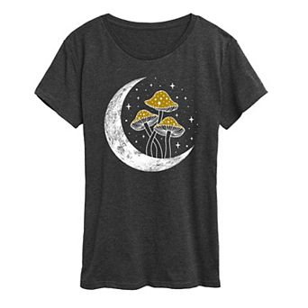 Women's Crescent Moon With Mushrooms Graphic Tee