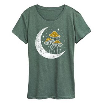 Women's Crescent Moon With Mushrooms Graphic Tee