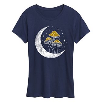 Women's Crescent Moon With Mushrooms Graphic Tee