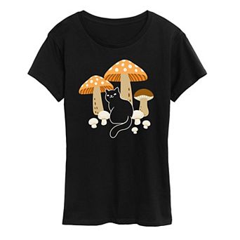 Women's Black Cat And Mushrooms Graphic Tee