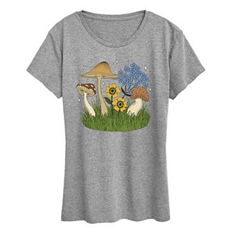 Women's Colorful Mushrooms and Flowers Graphic Tee