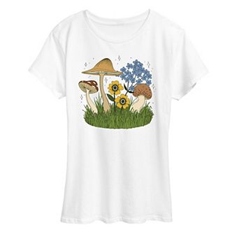 Women's Colorful Mushrooms and Flowers Graphic Tee