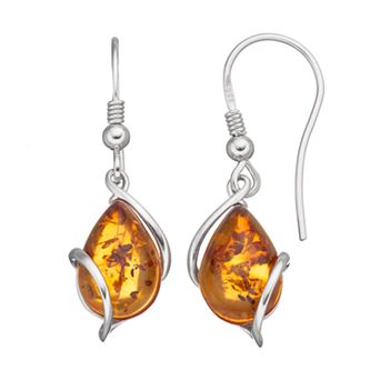 Platinum Over Silver Amber Teardrop Wire Earrings