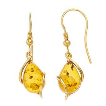 Gold Over Silver Amber Teardrop Wire Earrings