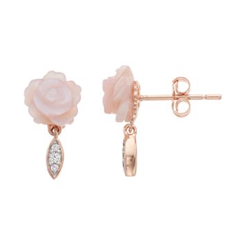 Rose Gold Tone Cubic Zirconia and Light Lavender Mother of Pearl Flower Stud Earrings