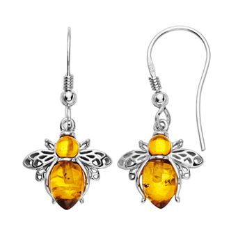 Sterling Silver Amber Bee Drop Earrings