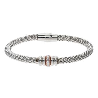 Sterling Silver Flexible Bracelet with Rose Tone Bead