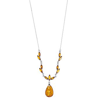 Platinum Over Silver Amber Teardrop Pendant Necklace