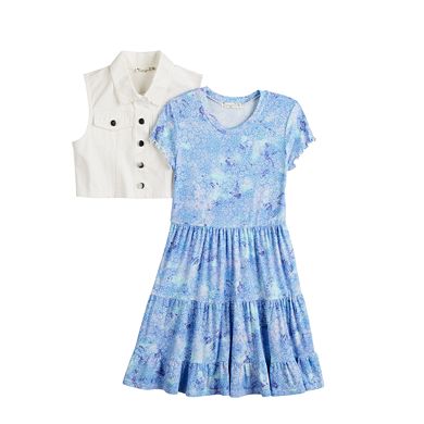 Girls 7-16 Knit Works 2-Piece Tiered Printed Dress & Vest Set in Regular & Plus Size
