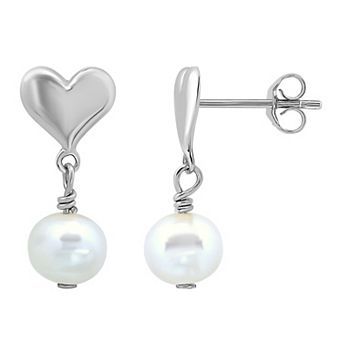 Aleure Precioso Sterling Silver Freshwater Cultured Pearl Drop Polished Heart Post Earrings