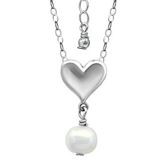 Aleure Precioso 18k Gold Over Silver 7 mm Round Freshwater Pearl Drop on Polished Heart Necklace