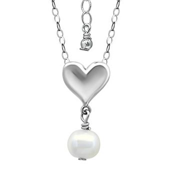 Aleure Precioso 18k Gold Over Silver 7 mm Round Freshwater Pearl Drop on Polished Heart Necklace