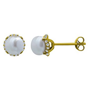Aleure Precioso Sterling Silver Freshwater Cultured Pearl & Cubic Zirconia Halo Post Stud Earrings