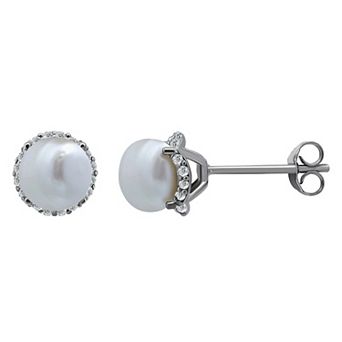 Aleure Precioso Sterling Silver Freshwater Cultured Pearl & Cubic Zirconia Halo Post Stud Earrings