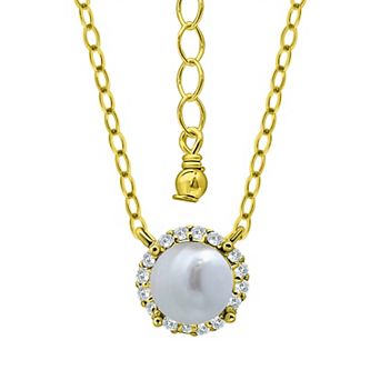 Aleure Precioso Sterling Silver Freshwater Cultured Pearl & Cubic Zirconia Halo Pendant Necklace