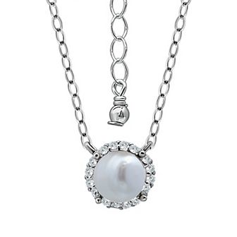 Aleure Precioso Sterling Silver Freshwater Cultured Pearl & Cubic Zirconia Halo Pendant Necklace