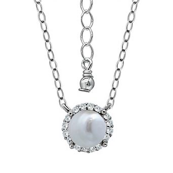 Aleure Precioso Sterling Silver Freshwater Cultured Pearl & Cubic Zirconia Halo Pendant Necklace