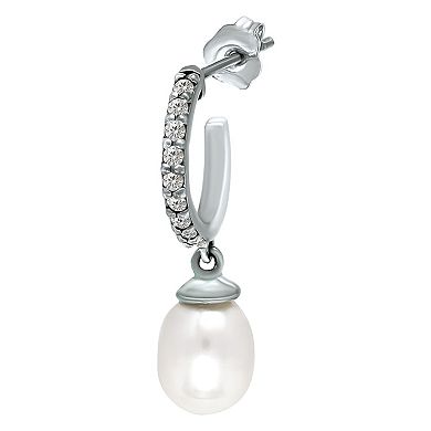 Aleure Precioso Sterling Silver Pave Cubic Zirconia 1/2 Hoop & Freshwater Cultured Pearl Drop Earrings
