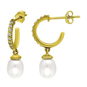 Aleure Precioso Sterling Silver Pave Cubic Zirconia 1/2 Hoop & Freshwater Cultured Pearl Drop Earrings