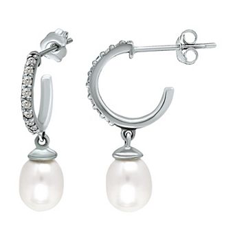Aleure Precioso Sterling Silver Pave Cubic Zirconia 1/2 Hoop & Freshwater Cultured Pearl Drop Earrings