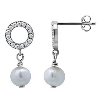 Aleure Precioso Sterling Silver Freshwater Cultured Pearl Drop & Cubic Zirconia Pave Open Circle Post Earrings