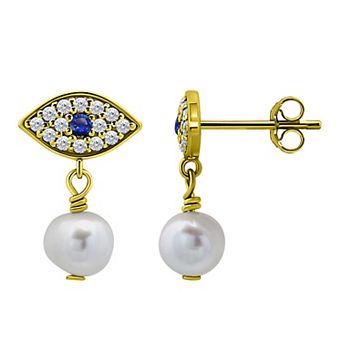 Aleure Precioso Sterling Silver Freshwater Cultured Pearl Drop & Cubic Zirconia Evil Eye Post Earrings