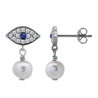 Aleure Precioso Sterling Silver Freshwater Cultured Pearl Drop & Cubic Zirconia Evil Eye Post Earrings