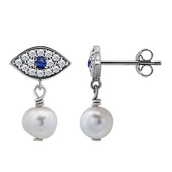 Aleure Precioso Sterling Silver Freshwater Cultured Pearl Drop & Cubic Zirconia Evil Eye Post Earrings