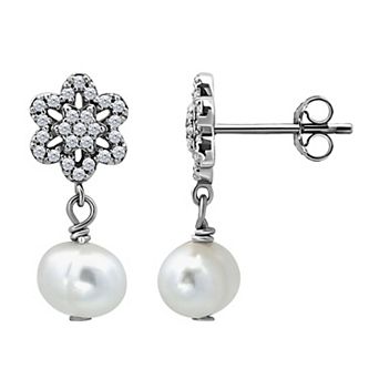 Aleure Precioso Sterling Silver Freshwater Cultured Pearl Drop & Pave Cubic Zirconia Star Post Earrings