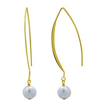 Aleure Precioso Sterling Silver Freshwater Cultured Pearl Drop Elongated Fishhook Earrings