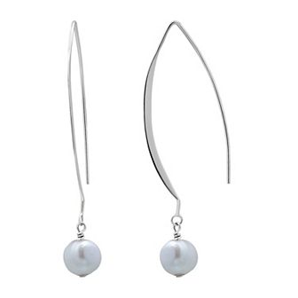 Aleure Precioso Sterling Silver Freshwater Cultured Pearl Drop Elongated Fishhook Earrings