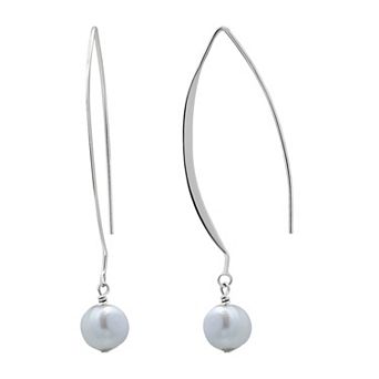 Aleure Precioso Sterling Silver Freshwater Cultured Pearl Drop Elongated Fishhook Earrings