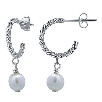 Aleure Precioso Sterling Silver Freshwater Cultured Pearl Twisted Hoop Drop Earrings