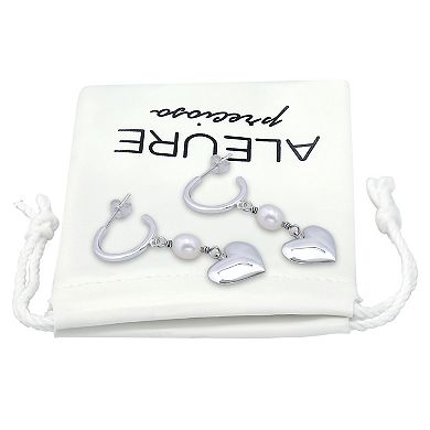 Aleure Precioso Freshwater Cultured Pearl & Heart Drop 1/2 Hoop Posted Earrings