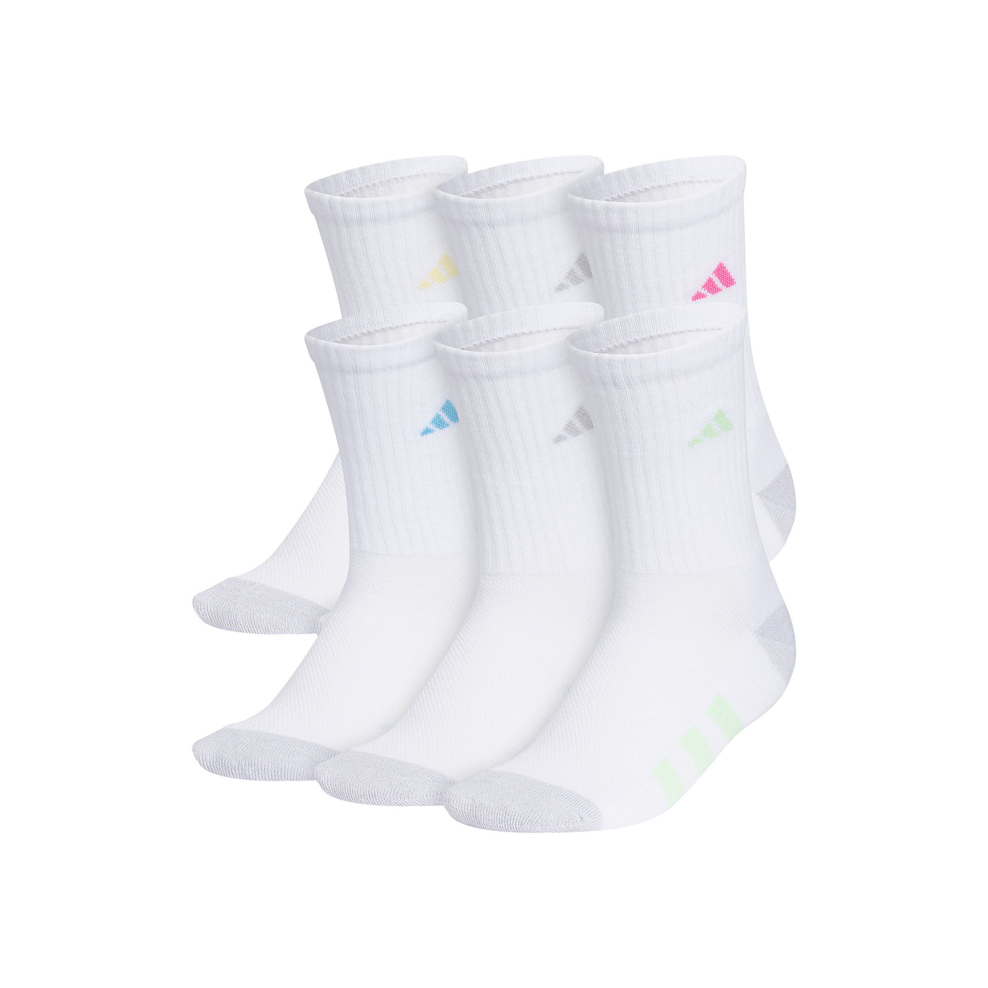 Girls adidas 6-Pack Athletic Cushioned Crew Socks, Size: Medium, White Gra