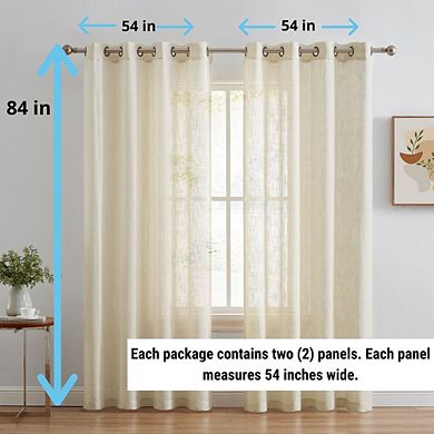 THD Serena Faux Linen Textured Semi Sheer Privacy Sun Light Filtering Transparent Window Grommet Long Thick Curtains Drapery Panels for Bedroom & Living Room, Set of 2