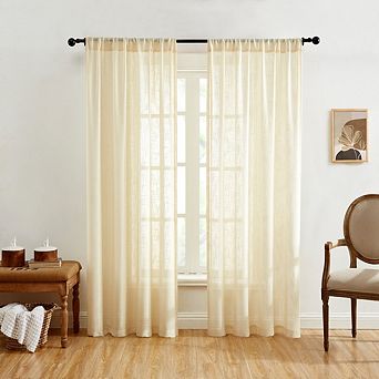 HLC.me Linda Faux Linen Textured Semi Sheer Window Rod Pocket Thick Curtains Drapery Panels, Pair