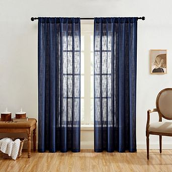 HLC.me Linda Faux Linen Textured Semi Sheer Window Rod Pocket Thick Curtains Drapery Panels, Pair